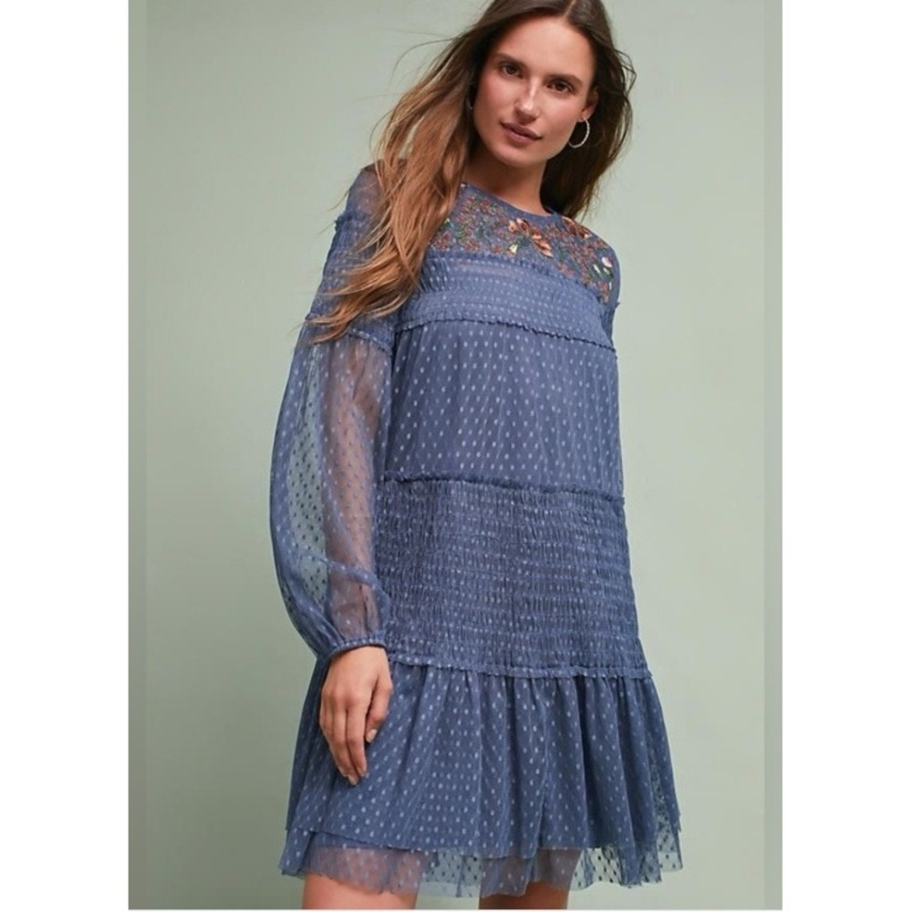 Maeve Anthropologie Samara Embroidered Mini Dress Mesh Polka Dot Floral Boho XS‎